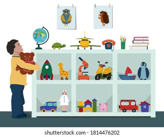 A small boy stands at a shelf with toys and looks at the globe with interest.  Interior of the children's room. Vector illustration.