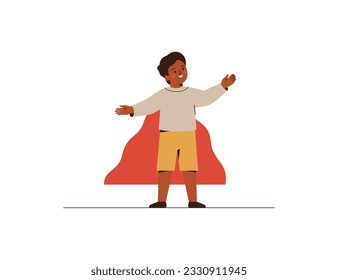 Niño pequeño con capa voladora súper héroe. Niños de preescolar con los brazos abiertos vestidos de rojo. Un alumno afroamericano de telas cómicas durante unas vacaciones. Niños exitosos y talentosos. Ilustración del vector