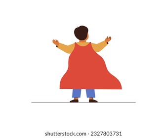 Small boy in superhero flying cape. Back view Preschool child stands with open arms in superman costume. African american pupil in comic cloth for some holiday. Success and talented kids. Vector