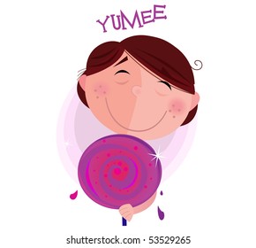 Small boy with sweet lollipop isolated on white background. Child with candy. Vector cartoon Illustration.