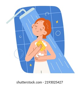 Small boy takes shower, child washes in the bathroom, boy uses sponge and soap, stands under shower head rinses foam in the bathroom, childrens hygiene routines illustrated, vector illustration
