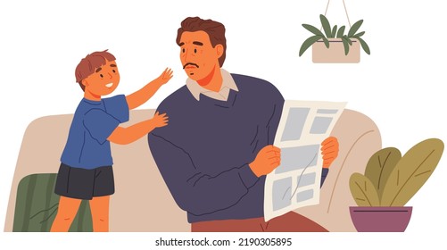 Small boy is trying to attract attention of his father, who sits on couch and reads newspaper. Child care concept, parents give little time to children. Problems of modern education and parenthood