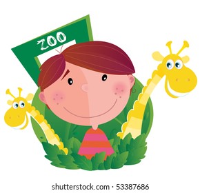 Small boy with two giraffes in zoo. Happy small boy with two zoo animals. Vector cartoon illustration.