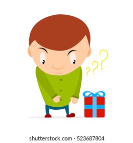 Small boy wants to take a gift box with a bow and thinking what gift inside. Cartoon kid character
