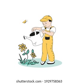 A small boy is watering garden flowers from a large watering can. Doodle-style drawing.