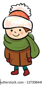 A small boy wearing winter clothes like orange winter cap green scarf brown coat red mittens and socks vector color drawing or illustration 
