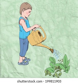 Small boy working in garden, holding a water can, watering some plants. Illustration on vintage green background. 