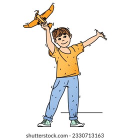 Small boy young pilot dreaming of plane piloting, and playing with toy airplane. Vector illustration of the cartoon character.