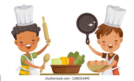 Small boys cooking together with friends in Cooking Classes. Or in the kitchen at home. Happy laugh. Learn and improve cooking skills.  Isolated on white background.