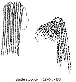 Pequeñas trenzas de estilo afro en silueta de pelo largo, dos opciones para peinados con ilustración de trenzado vectorial