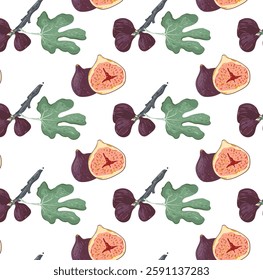 Small branch fig with leaf.  Pattern of southern exotic purple fruits and leaves. Vector seamless background in flat style.