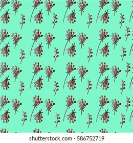 Small   branches, twig with seeds, buds  on a blue background . Gentle seamless pattern. Freehand drawing vector  design.
