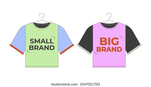 Small branded and big brand tshirts on hangers 2D cartoon objects set. Mass fashion. T-shirts clothes display isolated elements flat vector cliparts on white background. Spot illustrations collection