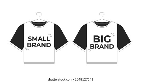 Small branded and big brand tshirts on hangers black and white 2D line objects set. Mass fashion. T-shirts clothes isolated clip arts vector outline items collection. Monochrome spot illustrations