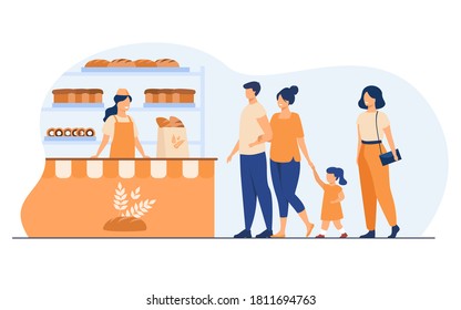 Pequeña tienda de pan interior de ilustración vectorial plana. Caricatura: mujer y hombre comprando refrigerios en una tienda y haciendo cola. Concepto de tienda de comercios, alimentos y panaderías