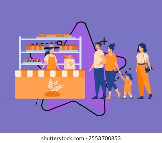 Small bread store interior flat vector illustration. Cartoon woman and man buying snacks in shop and standing in line. Business, food and bakery store concept