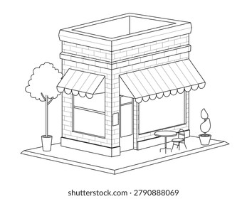 A small brick building of a local cafe with large windows and a table and chair outside. Isometric outline vector illustration isolated on a white background