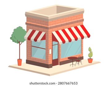 A small brick building of a local cafe with large windows and a table and chair outside. Isometric color vector illustration isolated on a white background