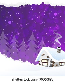 Small brick house in a snowy forest. Winter landscape.