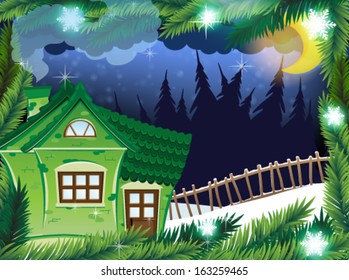 Small brick house in the winter forest.  Winter Night Scene