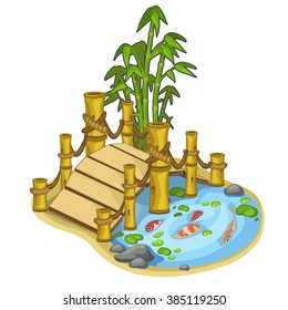 A small bridge across the lake with fish isolated on a white background. Cartoon vector close-up illustration.