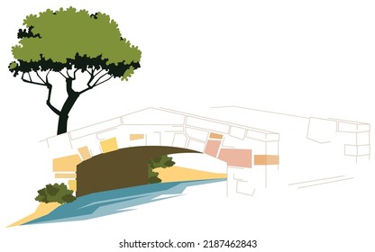 Pequeño puente a través del río. Plantilla de concepto de ilustración para sitio web, página de inicio web, banner, presentación, social, afiche, promoción o medios impresos.