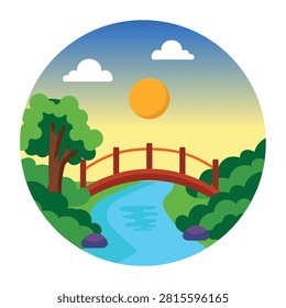 Small bridge over river with cactus, hills, and cloudy sunset sky.