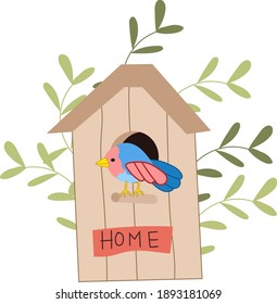 Small bright bird sitting on a perch at the entrance to the birdhouse, cute hand-drawn illustration, spring illustration