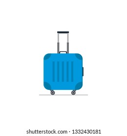 Small bright blue plastic suitcase on wheels with telescopic handle. Polycarbonate luggage. Tourist baggage. Colorful vector illustration in flat style isolated on white background. Cartoon icon.