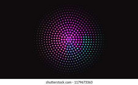 Small bright circles on a dark background. Vivid gradient. Neon colors. Abstract geometric background. Vector illustration. Geometric shapes Wallpaper for print, advertising, social media 
