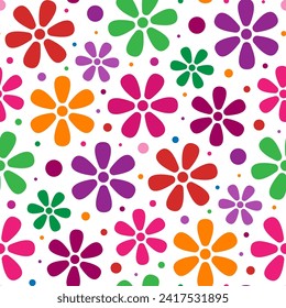 Small bright colorful multi-colored flowers isolated on a white background. Cute floral seamless pattern. Vector simple flat graphic illustration. Texture.