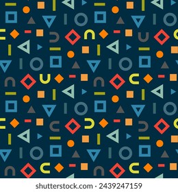 Small bright colorful multi-colored geometric shapes isolated on a dark green-blue background. Seamless pattern. Vector simple flat graphic illustration. Texture.
