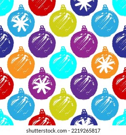 Small bright colorful multicolored ink christmas balls isolated on white background. Cute seamless pattern. Vector simple flat graphic hand drawn illustration. Texture.