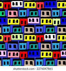 Pequeñas casas multicolores de colores vivos aisladas en un fondo azul. Patrón perfecto. Dibujo gráfico plano vectorial simple a mano. Textura.