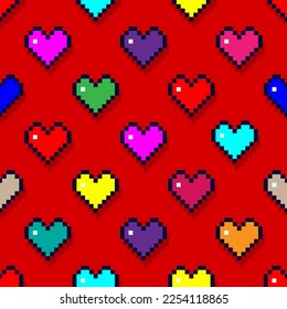 Small bright colorful multicolored pixel hearts isolated on a red background. Cute seamless pattern. Vector simple flat graphic illustration. Texture.