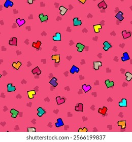 Small bright colorful multicolored pixel hearts isolated on pink background. Cute seamless pattern. Vector simple flat graphic illustration. Texture.