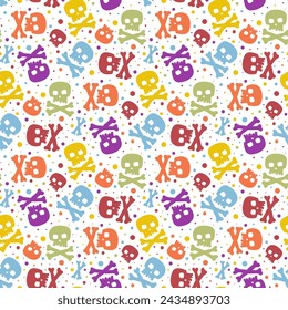 Small bright colorful multi-colored skulls and crossbones isolated on a white background. Cute seamless pattern. Vector simple flat graphic illustration. Texture.