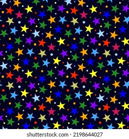 Small bright colorful multicolored stars isolated on a dark blue background. Cute starry seamless pattern. Vector simple flat graphic illustration. Texture.