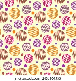 Small bright colorful multi-colored striped balls and circles isolated on a yellow background. Cute seamless pattern. Vector simple flat graphic illustration. Texture.