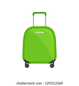Small bright green suitcase on wheels. Travel bag with telescopic handle. Tourist baggage. Flat vector icon