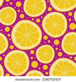 Small bright lemons and oranges isolated on purple background. Seamless pattern. Vector simple flat graphic hand drawn illustration. Texture.