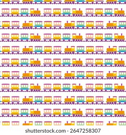 Small bright multicolored trains with carriages isolated on white background. Cute seamless pattern. Vector simple flat graphic illustration. Texture.