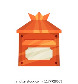 Small bright orange postal box for mail. Cartoon wall mounted metal mailbox. Flat vector for children book or mobile game