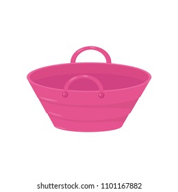 Small bright pink bucket with two handles. Plastic or metal pail for carry liquids or products. Colorful flat vector design