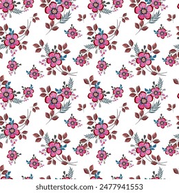 Small bright pink flowers. Hand drawn. Seamless on a light background. Designed for fabric, fashion, textiles, wallpaper, gift wrap.