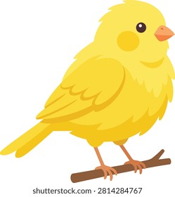 A small, bright yellow canary bird with a round body and orange beak perched on a thin brown branch, isolated on a white background