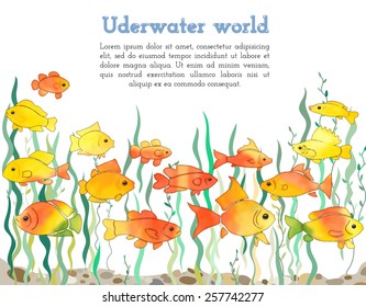 Small bright yellow and orange exotic fishes swimming among algae near stony bottom. Vector illustration.