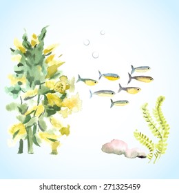 Small bright yellow and orange exotic fishes swimming among algae near stony bottom. Vector illustration.