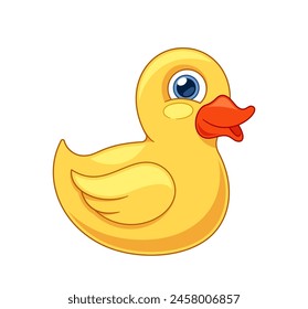 Small, Bright Yellow Rubber Duck, With A Friendly Face And Orange Beak, Used As A Bath Toy For Children. Funny Bird