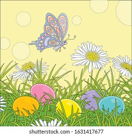 Small brightly colored butterfly flitting over wildflowers and decorated Easter eggs among thick green grass on a sunny spring day, vector cartoon illustration